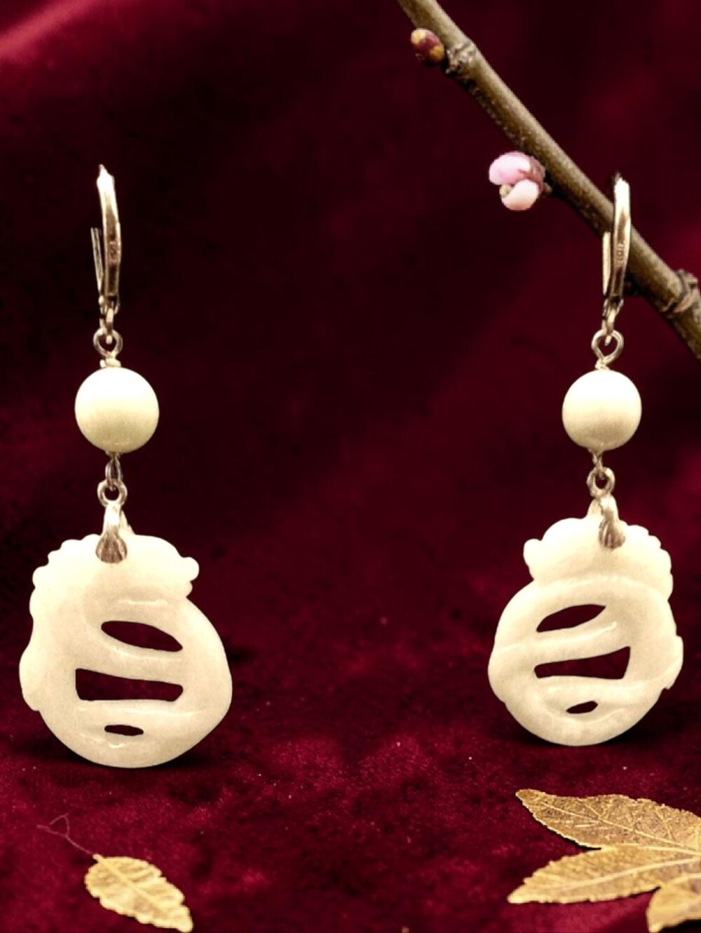 🔥Natural Jade 40.00 ctw Carved Dragon Earrings in Rhodium Over Sterling Silver